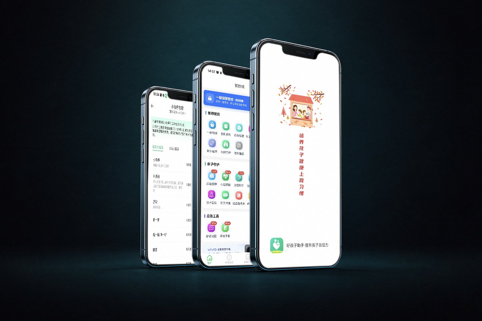 深色背景上并排放置的三台学生手机产品图
